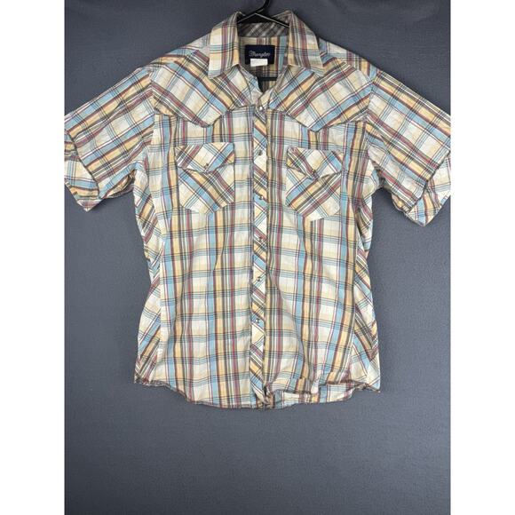 Wrangler Pearl Snap Western Shirt Size Medium Yellow Red Plaid Gold Metallic - Picture 1 of 9
